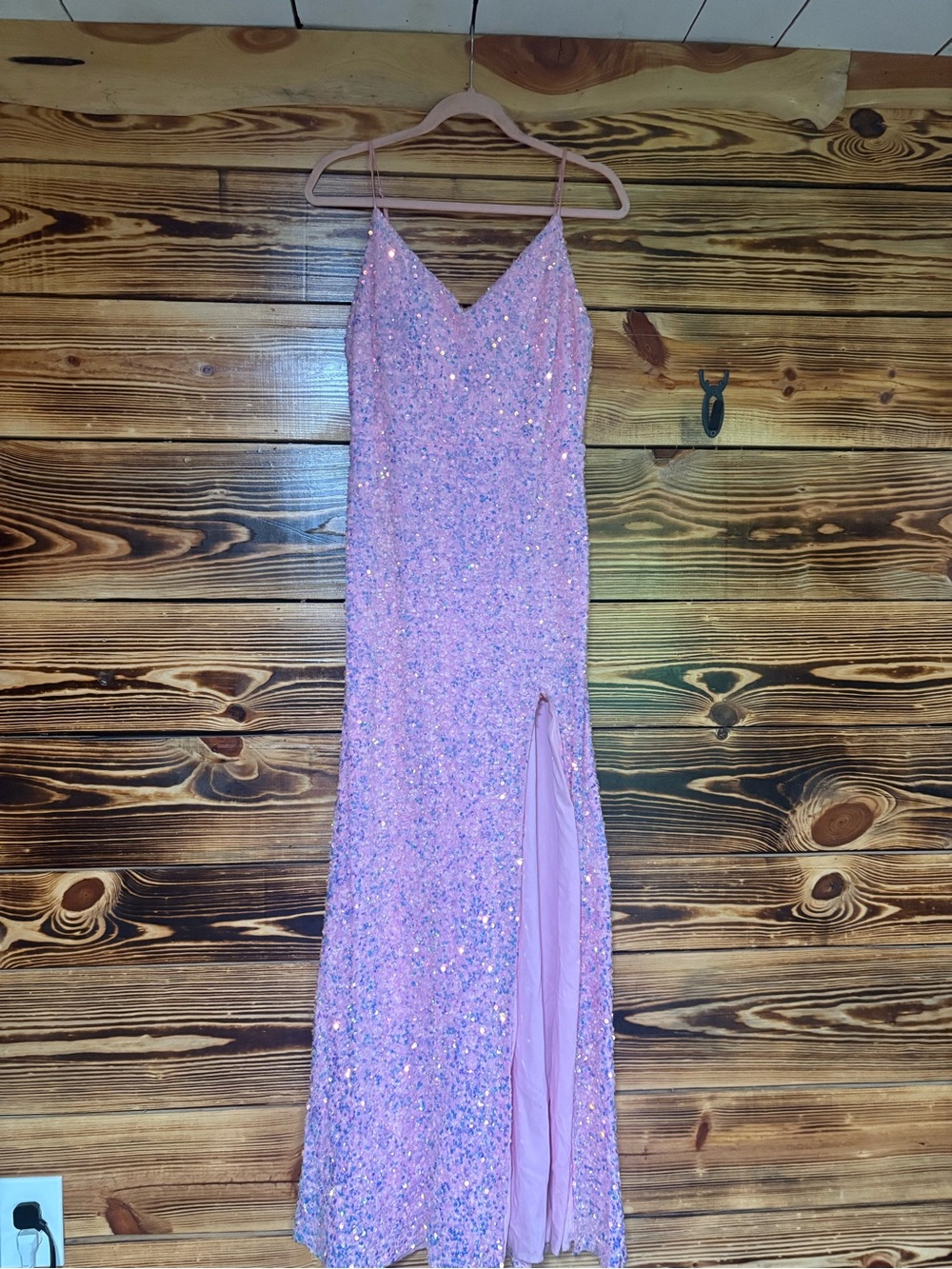 Bubblegum Pink Sequin Prom Dress Size 13/14 with Spaghetti Straps and Leg Slit
